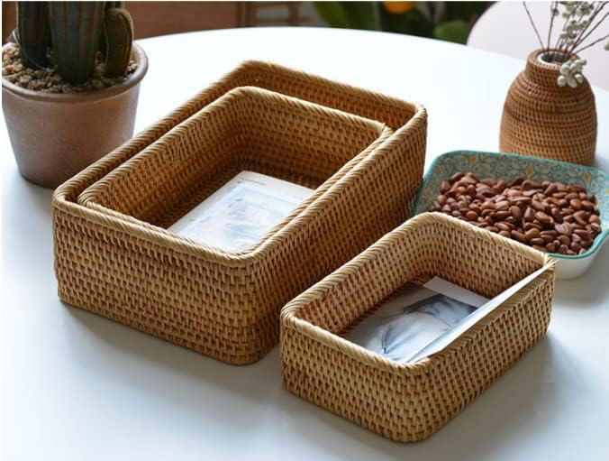 Natural Rattan Storage Baskets, Rectangular Woven Fruit Baskets, Wicker Decoration and Organizer for Bathroom, Living room (Set of 3)