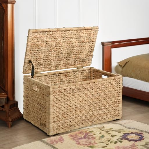 eHemco Heavy-duty Water Hyacinth Wicker Storage Trunk with Metal Frame, 30 by 17.5 by 17.5 Inches, Natural