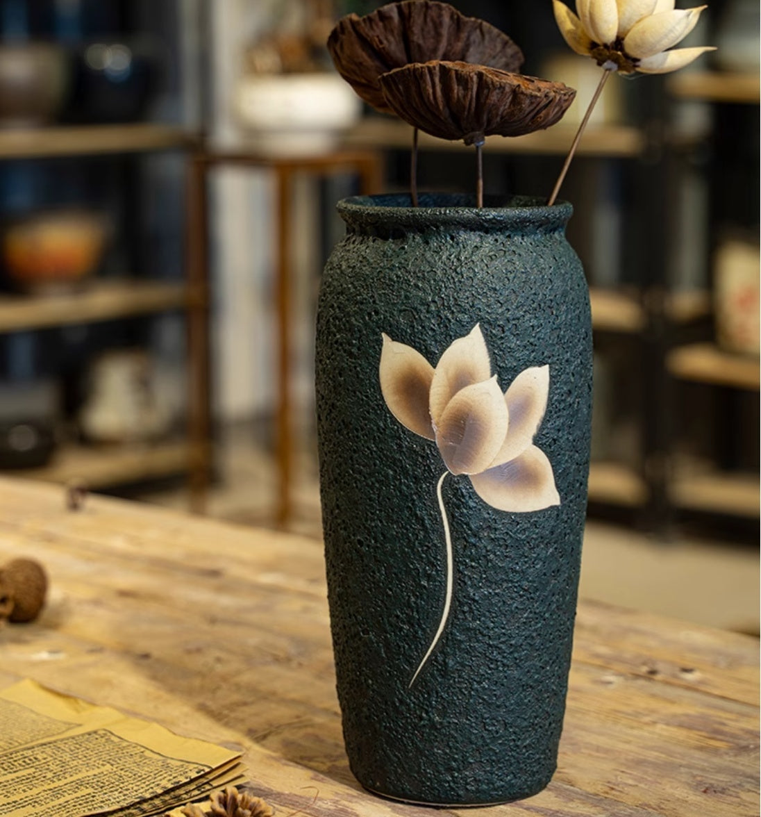 Handmade Ceramic Flower Pot – Carved Decorative Vase Ornament