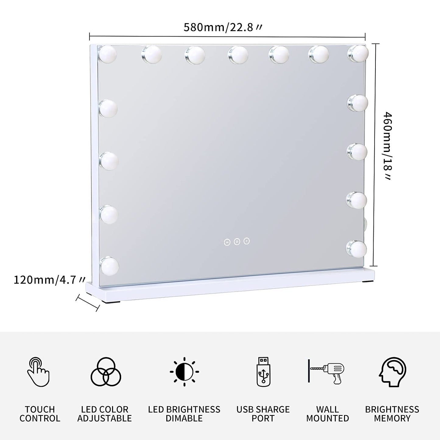 NUSVAN Vanity Mirror with Lights Lighted Makeup Mirror with 15 Dimmable LED Bulbs,3 Color Lighting Modes,USB Charging Port Touch Control,Sturdy Metal Frame Design 24x18 Inch,White