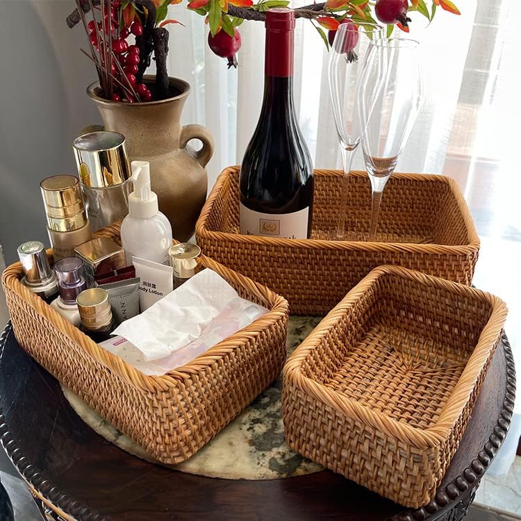 Natural Rattan Storage Baskets, Rectangular Woven Fruit Baskets, Wicker Decoration and Organizer for Bathroom, Living room (Set of 3)