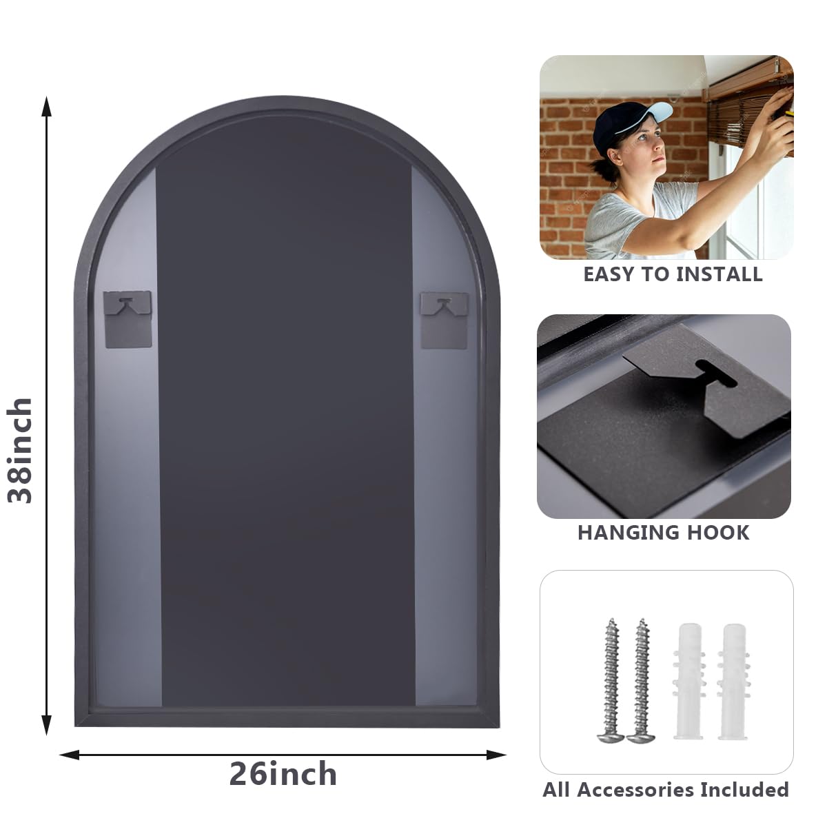 HARRITPURE 26" x 38" Arch Mirror Bathroom Wall Mounted Mirrors Black Vanity Mirror with Metal Frame for Bedroom Living Room Entryway