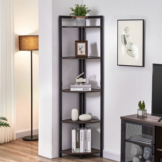 FATORRI Rustic Tall Corner Shelf, 5 Tier Industrial Corner Bookshelf for Living Room, Dark Wood and Metal Corner Plant Stand for Corner Space (Walnut Brown)