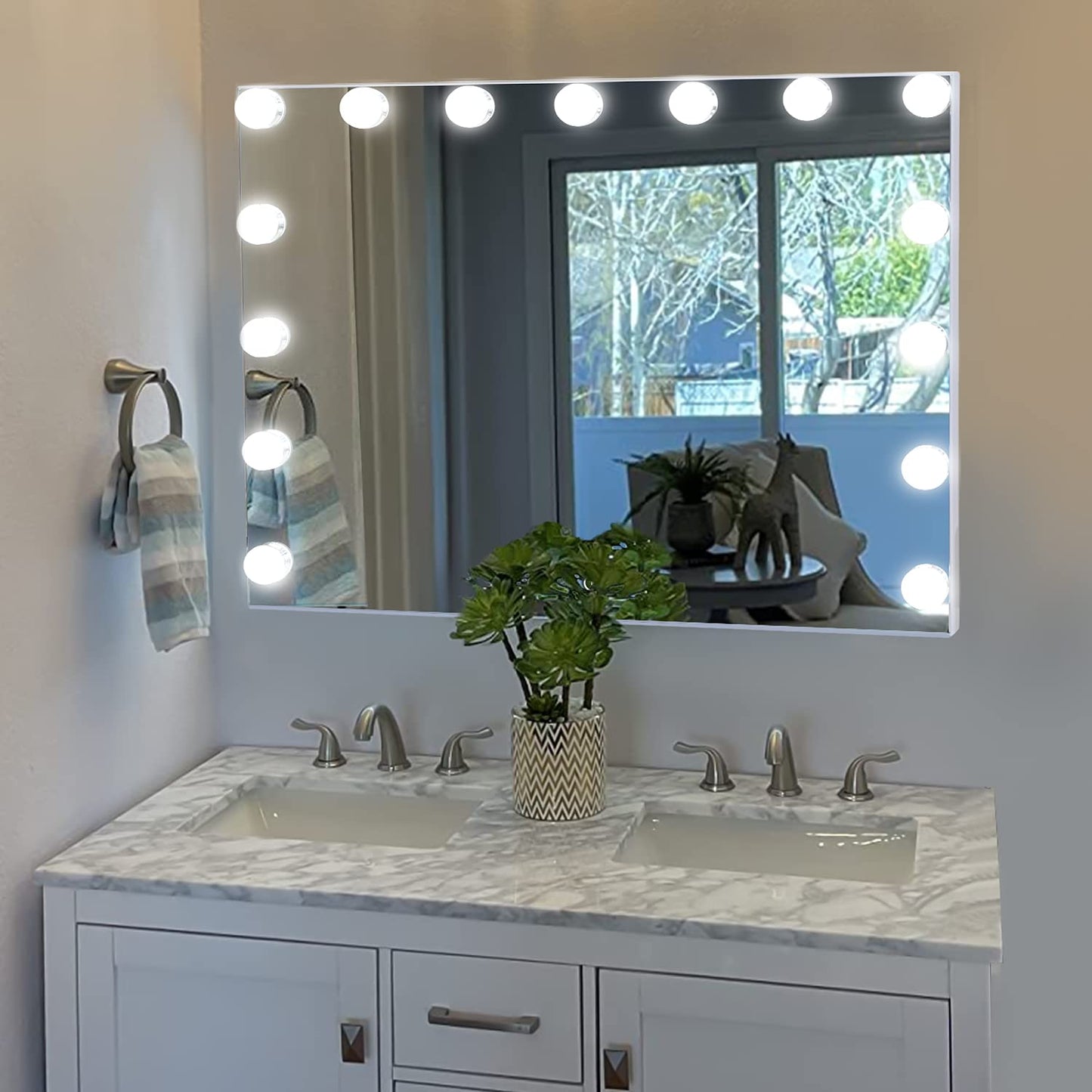 NUSVAN Vanity Mirror with Lights Lighted Makeup Mirror with 15 Dimmable LED Bulbs,3 Color Lighting Modes,USB Charging Port Touch Control,Sturdy Metal Frame Design 24x18 Inch,White