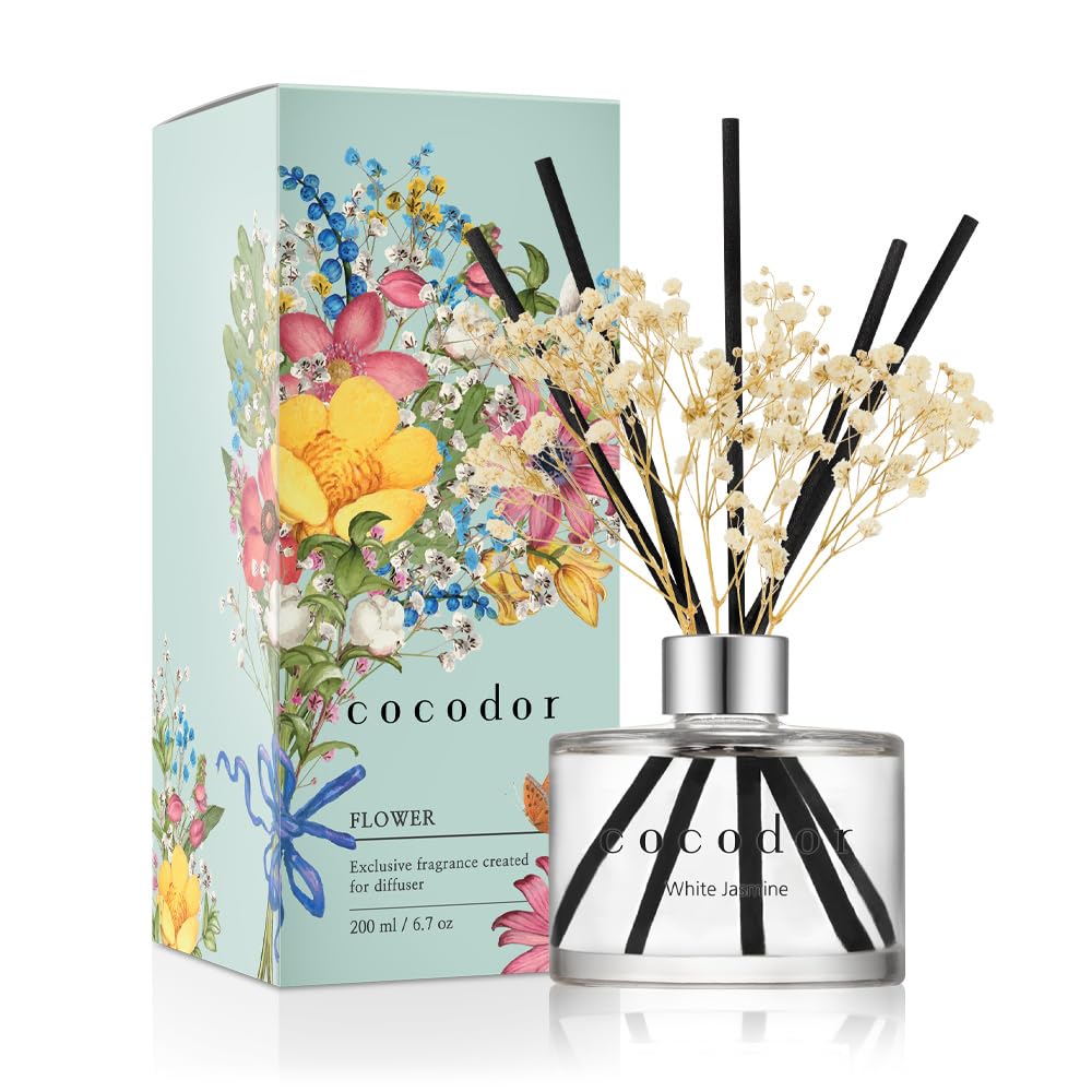 COCODOR Flower Reed Diffuser Set / 6.7oz / White Jasmine/Scent Diffuser with Sticks Home Fragrance Reed Diffuser for Bathroom Shelf Decor