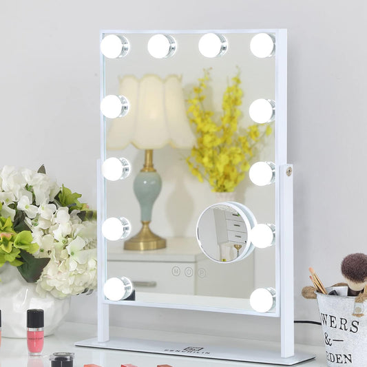 FENCHILIN Lighted Makeup Mirror Hollywood Mirror Vanity Makeup Mirror with Light Smart Touch Control 3Colors Dimmable Light Detachable 10X Magnification 360°Rotation(White)