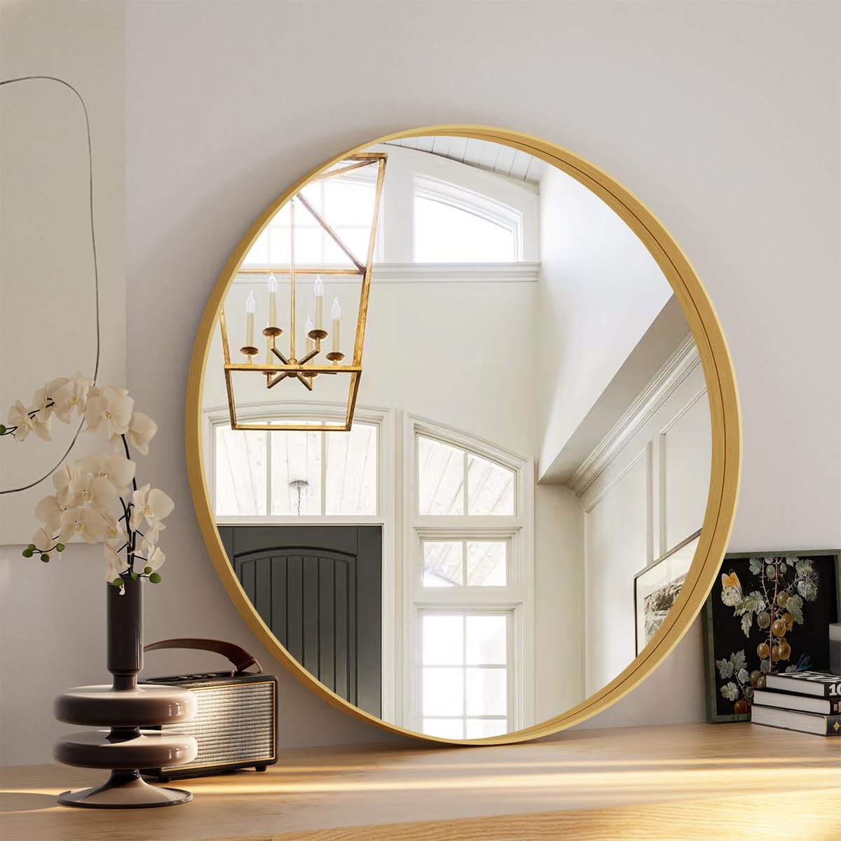 VooBang Round Bathroom Mirror 30 inch, Gold Gorgeous Deep Frame Round Wall Mirror, Modern Round Bathroom Vanity Mirror for Bedroom, Living Room, Hanging or Leaning, Gold