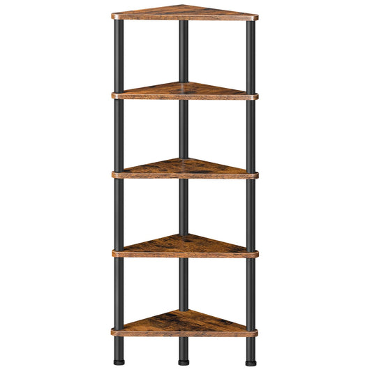 HOOBRO Corner Shelf Stand, Industrial 5-Tier Corner Bookshelf with Metal Frame, Plant Corner Display Shelf, Corner Bookcase for Small Spaces, Bedroom, Living Room, Rustic Brown BF33CJ01