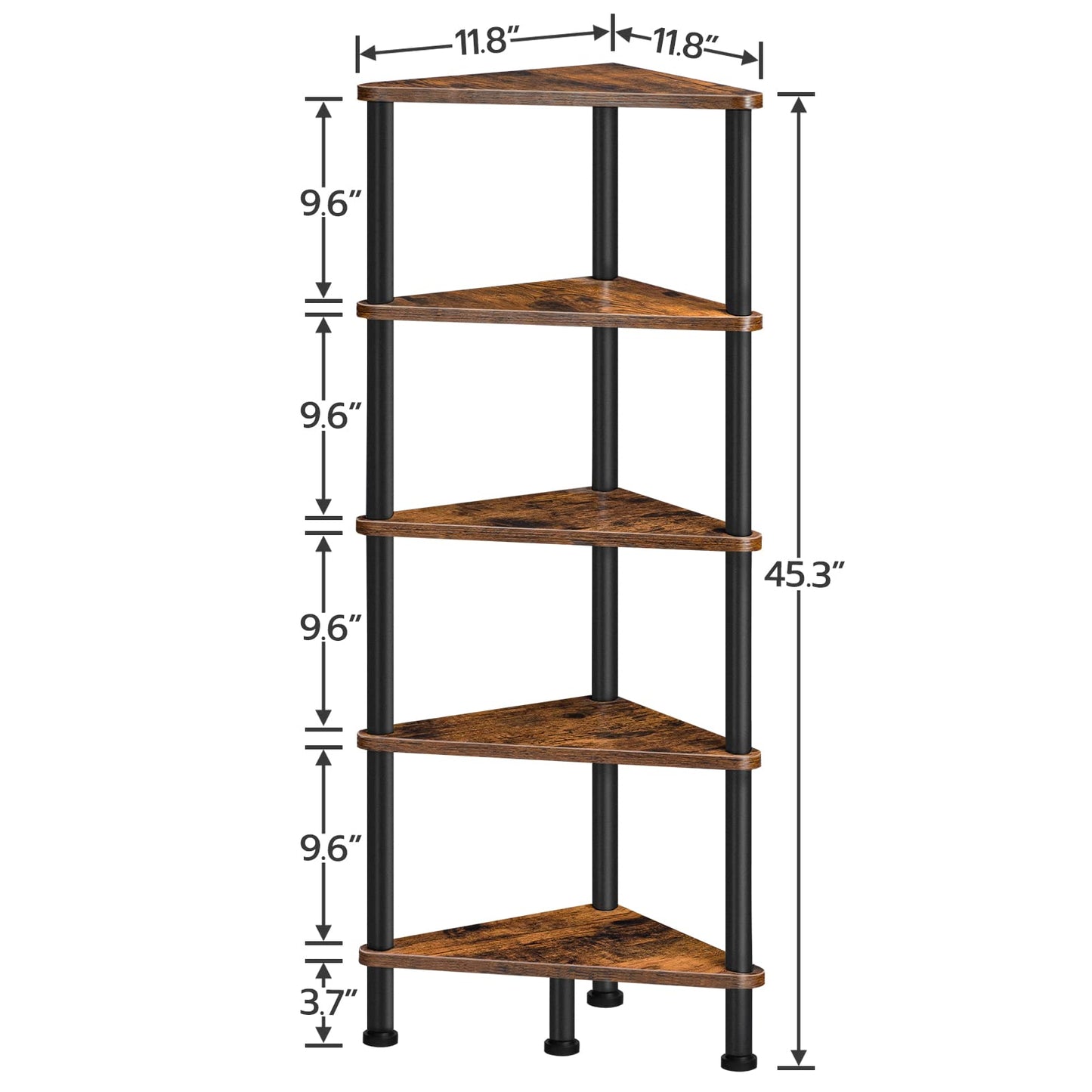 HOOBRO Corner Shelf Stand, Industrial 5-Tier Corner Bookshelf with Metal Frame, Plant Corner Display Shelf, Corner Bookcase for Small Spaces, Bedroom, Living Room, Rustic Brown BF33CJ01