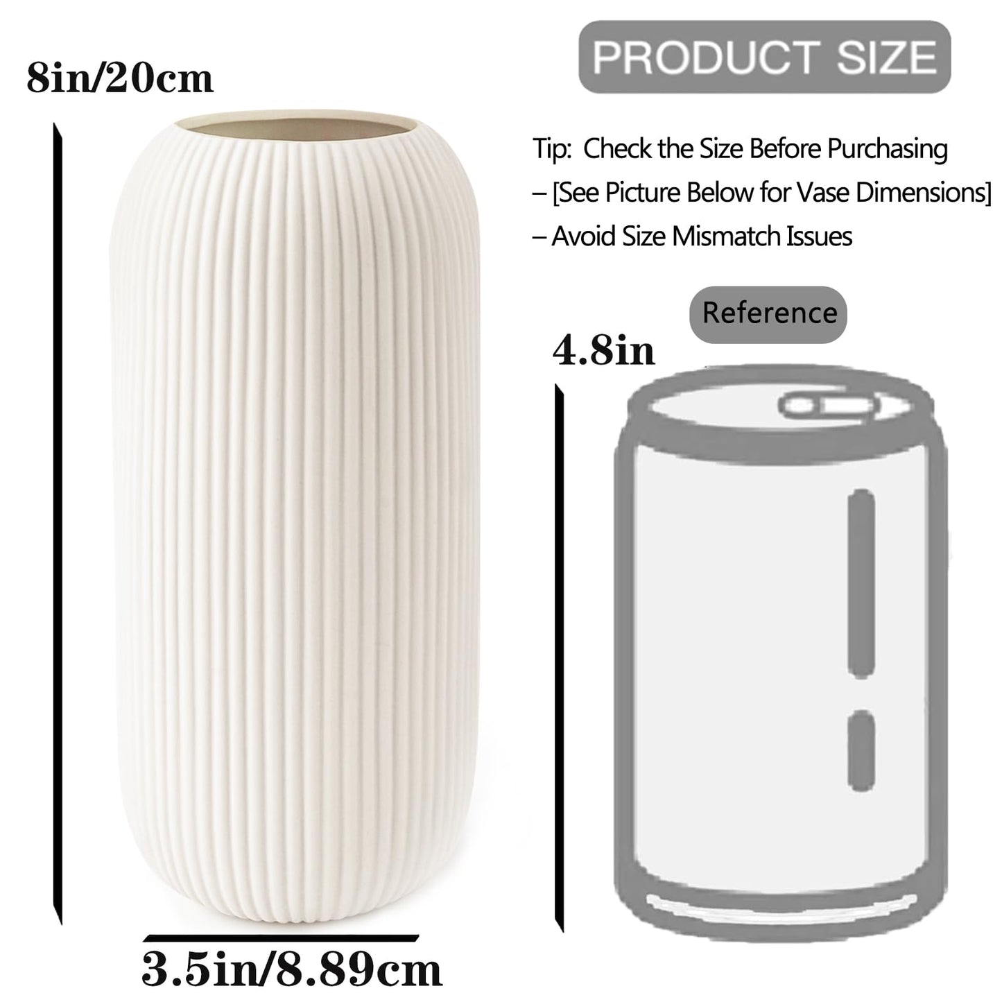 White Ceramic Vase for Flowers, 8 INCH Flower Vase Modern White Vase Home Decor, Small Vase, Ribbed Textured Vase for Pampas Grass Decorative Vase, for Farmhouse Coffee Table Bookshelf Home Living