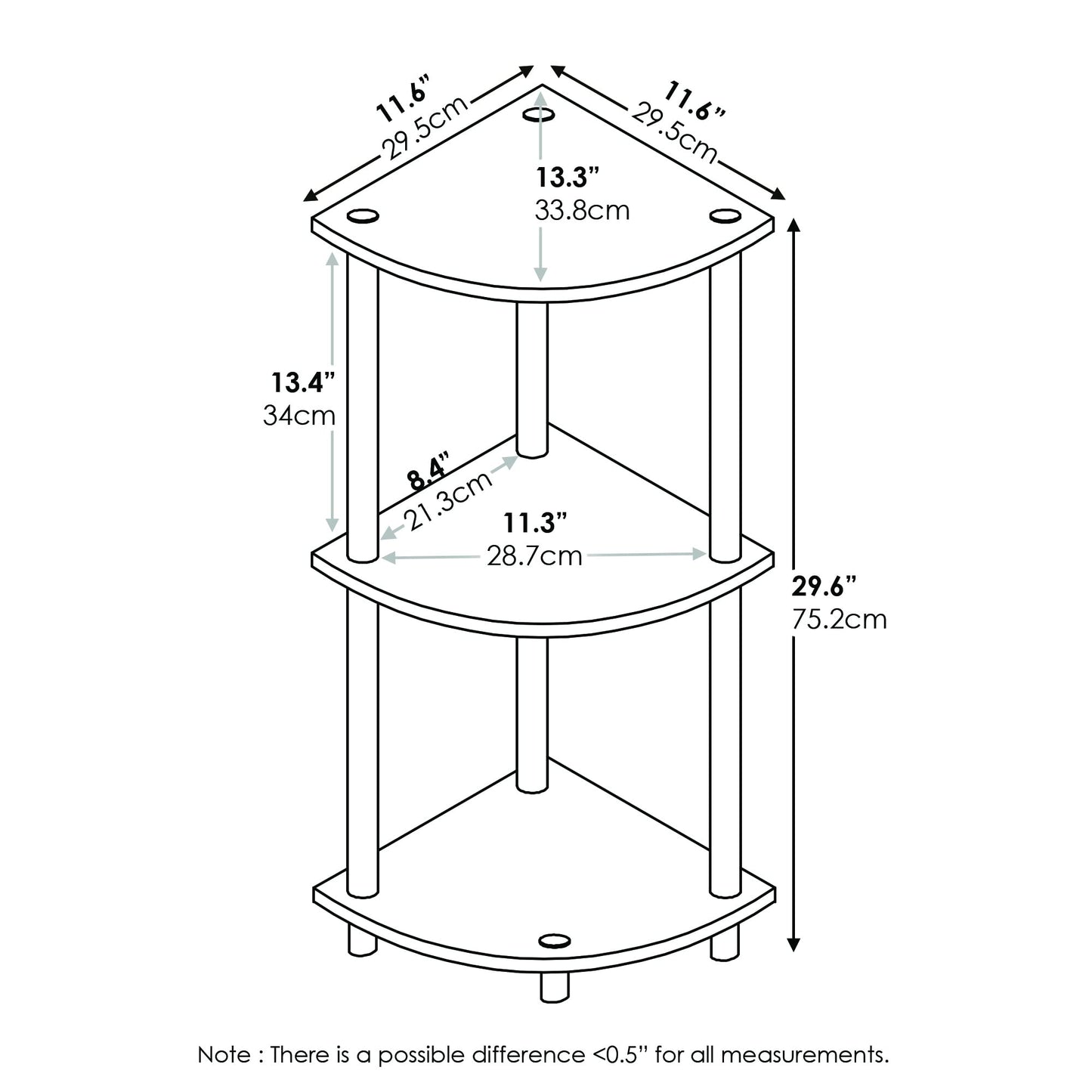 Furinno Turn-N-Tube 3-Tier Reversible Corner Display Rack Multipurpose Shelving Unit, Round, Amber Pine/Black