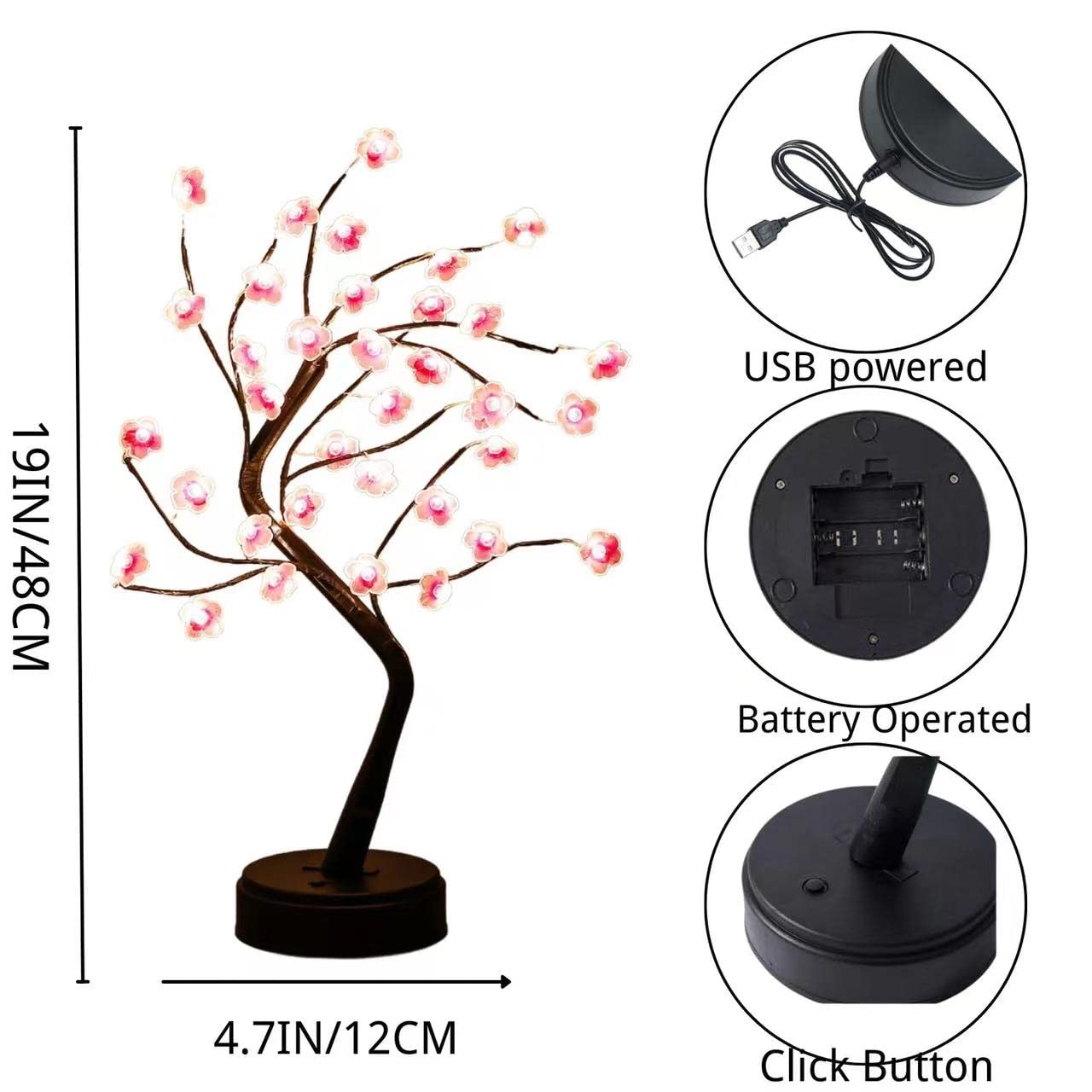 Cherry Blossom Tree Lamp, 18inch 36 Led Bonsai Tree Lights, Battery/USB Operated Japanese Decor Night Lights for Bedroom Home Idea