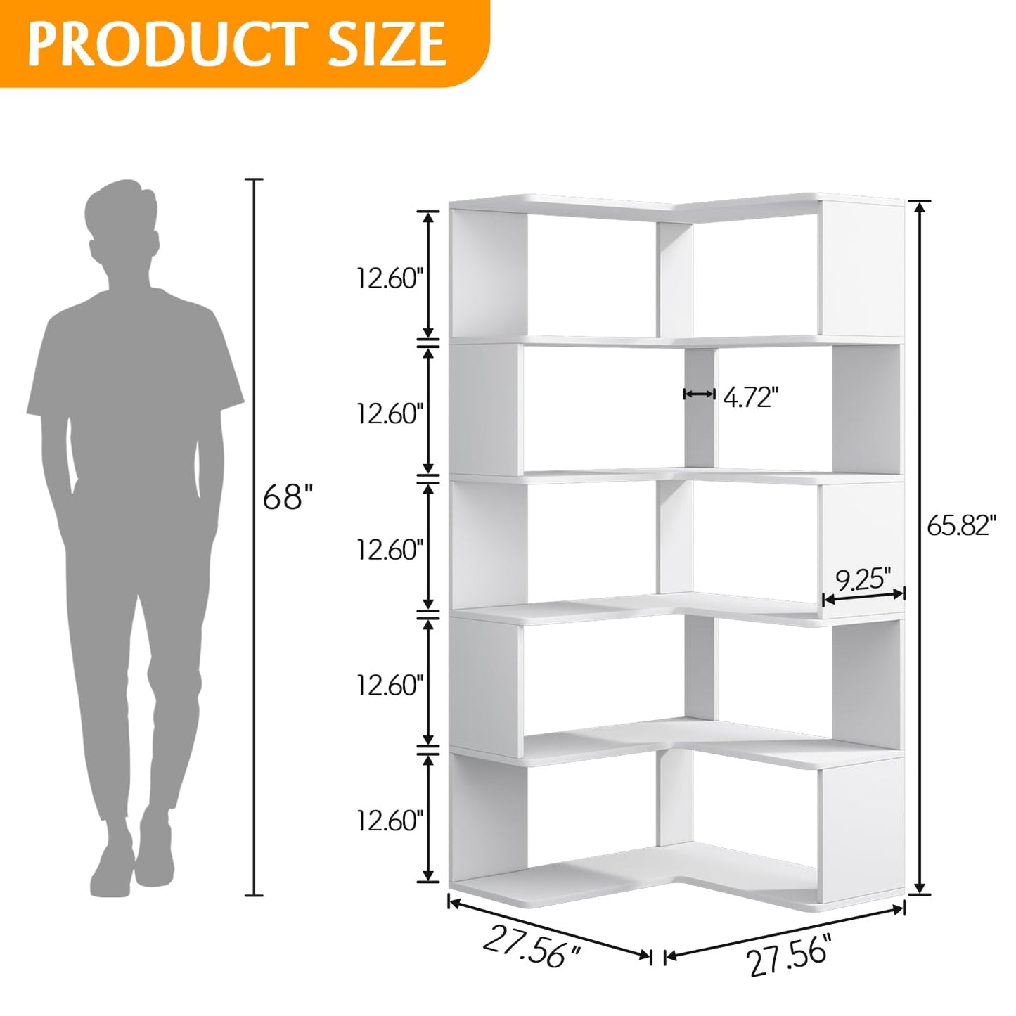 IOTXY 6-Tier L-Shaped Corner Bookshelf - 66" Tall Wooden Freestanding Bookcase with Open Shelf Units, White