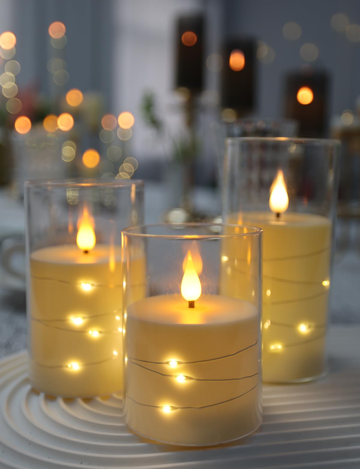 Da by Flickering Flameless Candles with Embedded Star String Lights, Battery Operated Candles with Remote and Timer,Acrylic LED Pillar Candles Set of 3, Ivory White