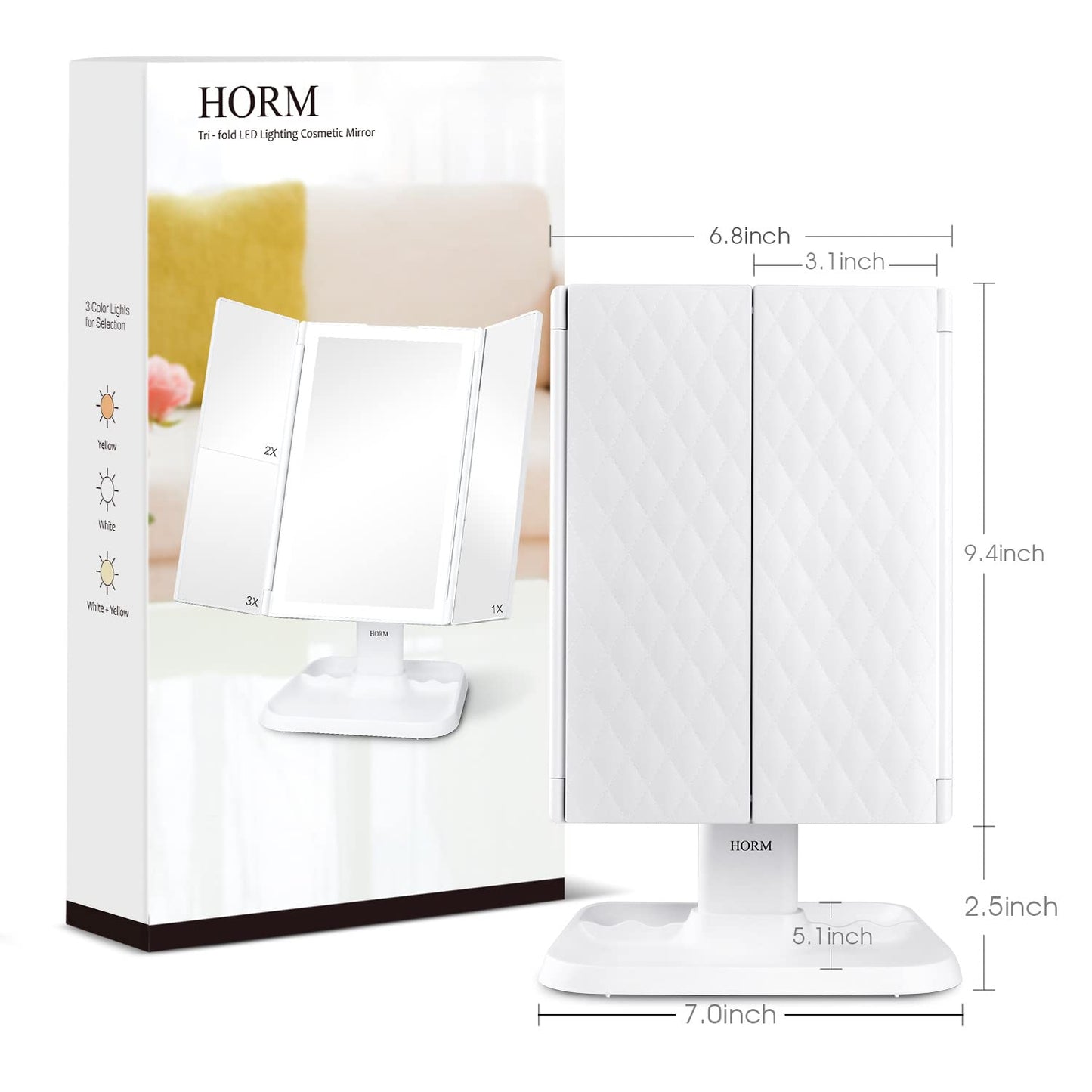 Makeup Mirror Vanity with Lights - 3 Color Lighting Modes 72 LED Trifold Mirror, 1x/2x/3x Magnification, Touch Control Design, Portable High Definition Cosmetic Lighted Up White (JING-007)