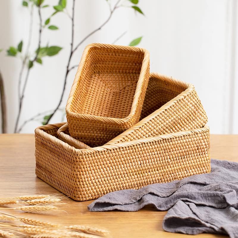 Natural Rattan Storage Baskets, Rectangular Woven Fruit Baskets, Wicker Decoration and Organizer for Bathroom, Living room (Set of 3)