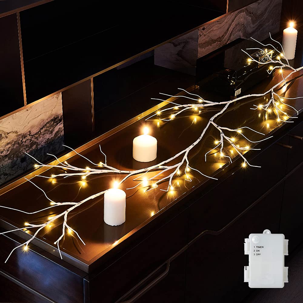 Hairui Birch Garland with Lights 6FT 48 LED Battery Operated, Lighted Twig Vine with Timer for Christmas Home Fireplace Decoration Indoor Outdoor Use