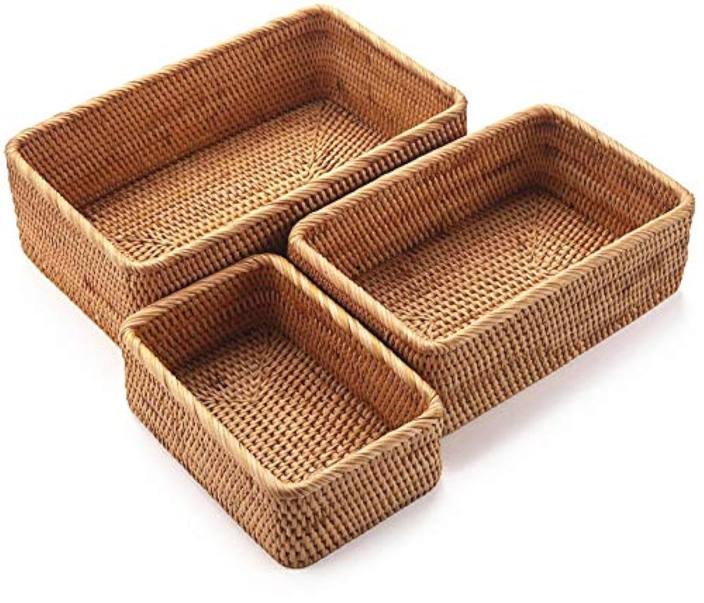 Natural Rattan Storage Baskets, Rectangular Woven Fruit Baskets, Wicker Decoration and Organizer for Bathroom, Living room (Set of 3)