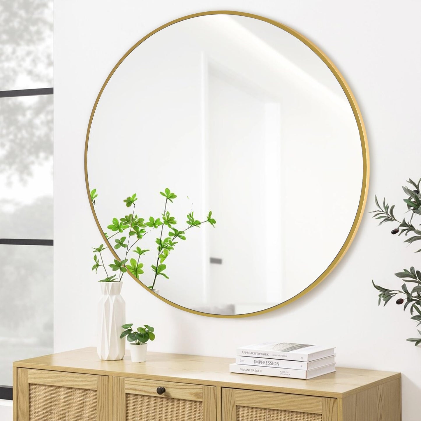 CULER Round Gold Bathroom 36 Inch Mirror,Circle Wall Modern Mirror for Bedroom,Hanging Vanity Tempered Glass Mirror for Entryway or Living Room