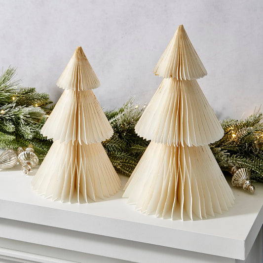 LampLust Paper Christmas Tree Decor - Set of 2 Honeycomb Trees, 10 Inch and 12 Inch, Vintage Style Holiday Decoration in Neutral White and Gold, Indoor Table Centerpiece or Modern Mantel Decorations