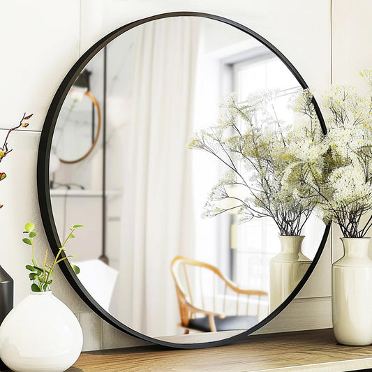 Sunniry Black Round Mirror, Round Mirror 24 inch, Black Circle Mirror Metal Frame, Round Wall Mounted Mirrors for Living Room, Bathroom, Wall, Entryway, Rustic.