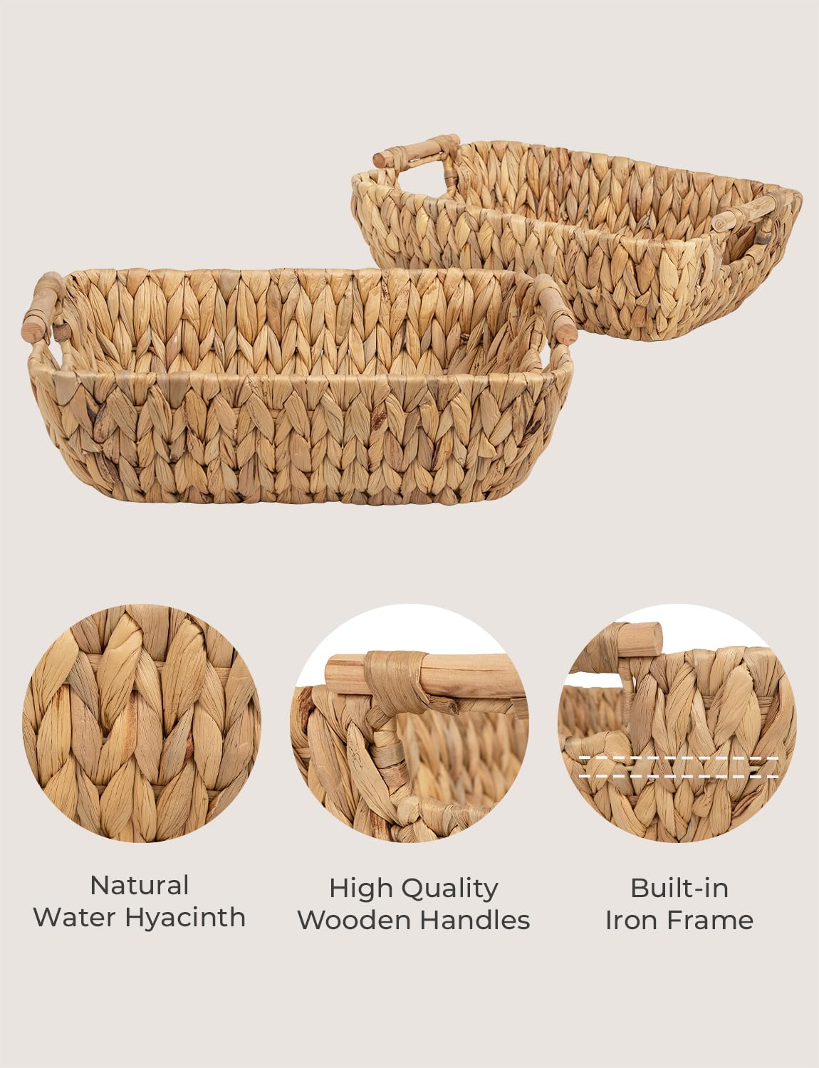 StorageWorks Hand-Woven Large Storage Baskets with Wooden Handles, Water Hyacinth Wicker Baskets for Organizing, 2-Pack