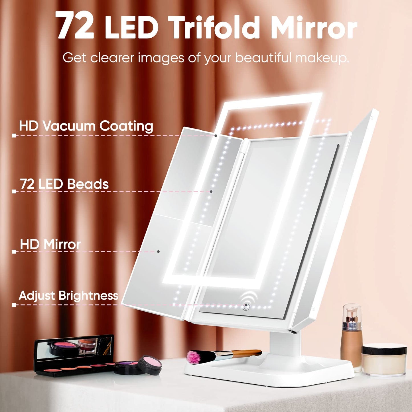 Makeup Mirror Vanity with Lights - 3 Color Lighting Modes 72 LED Trifold Mirror, 1x/2x/3x Magnification, Touch Control Design, Portable High Definition Cosmetic Lighted Up White (JING-007)