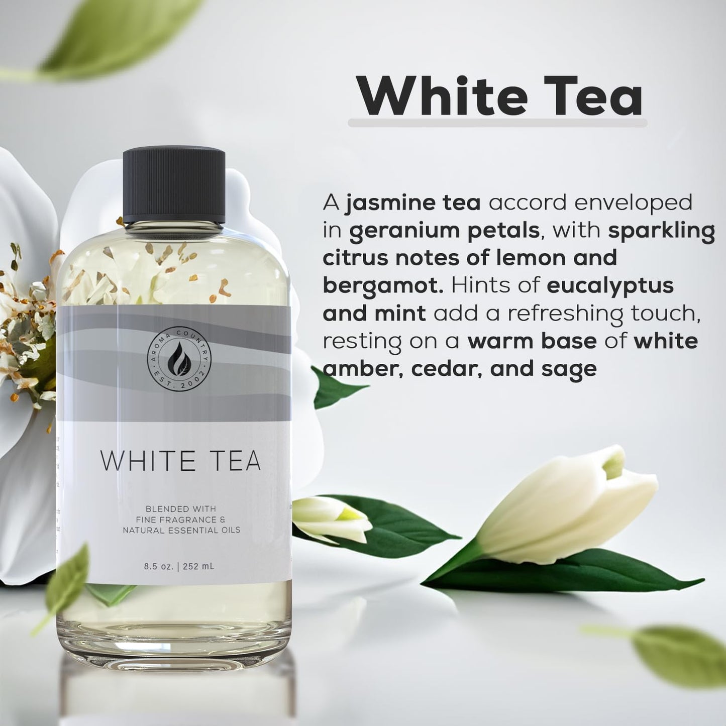 Aroma Country White Tea Diffuser Oil - Luxury Essential Oils for Diffuser Refill & Air Freshener Room Spray, Long-Lasting, Natural Home Fragrance and Hotel Scent for Diffusers & Machines - 8.5 Fl. oz