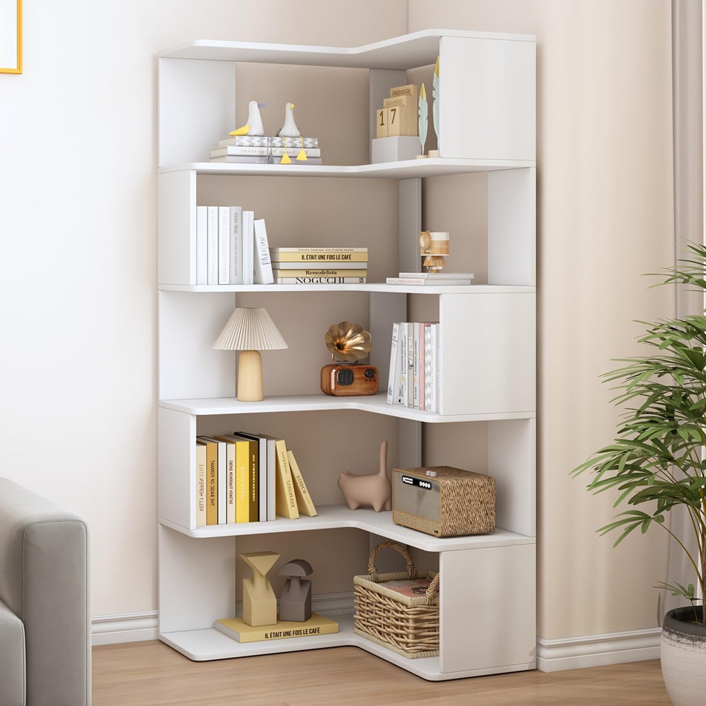 IOTXY 6-Tier L-Shaped Corner Bookshelf - 66" Tall Wooden Freestanding Bookcase with Open Shelf Units, White