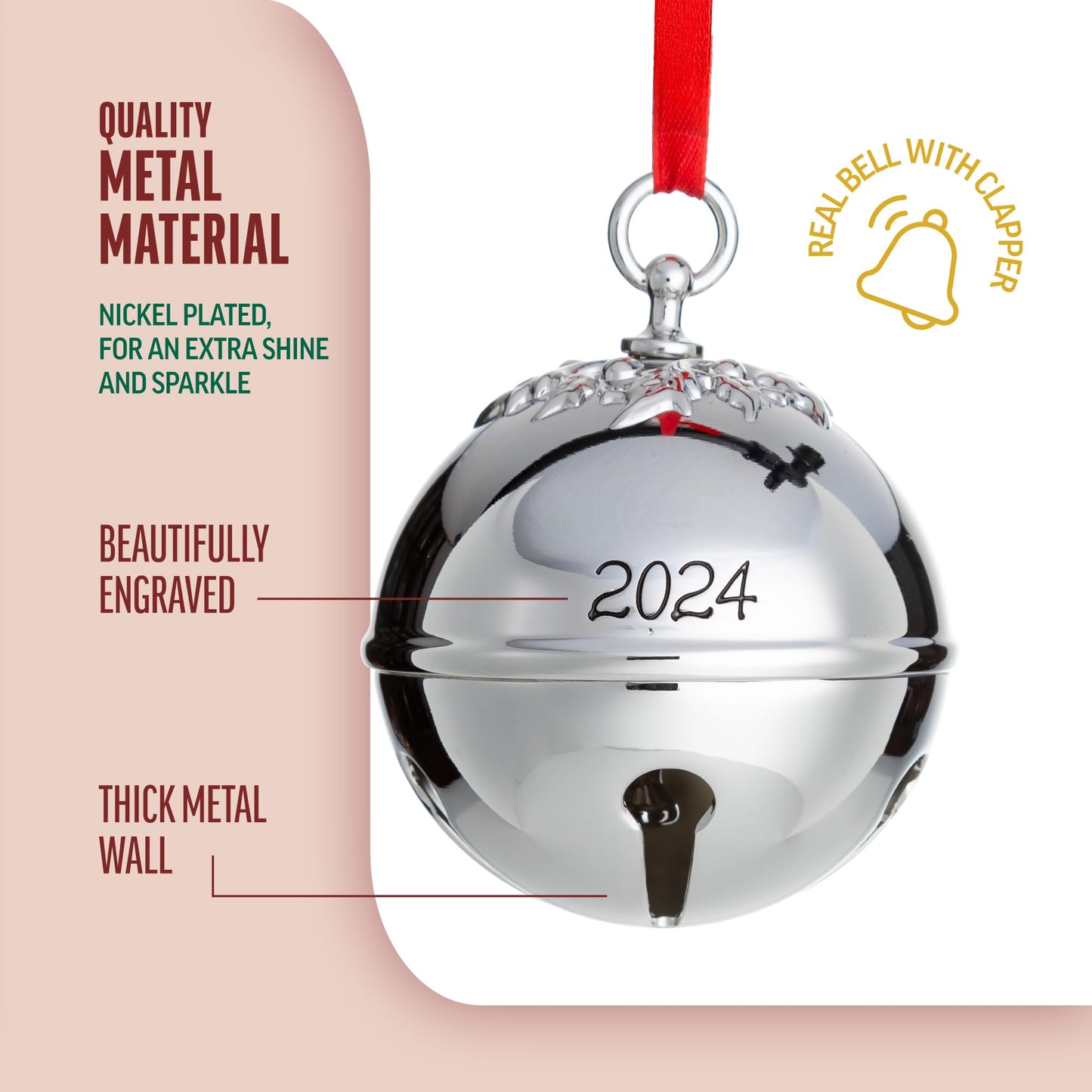 Klikel Christmas Bell Ornament 2024 - Sleigh Bell Christmas Ornament 2024 - Christmas Holy Ball 2024 Ornament - Bell Ornament for Christmas Tree - Sleigh Bell Engraved 2024-10th Annual Edition