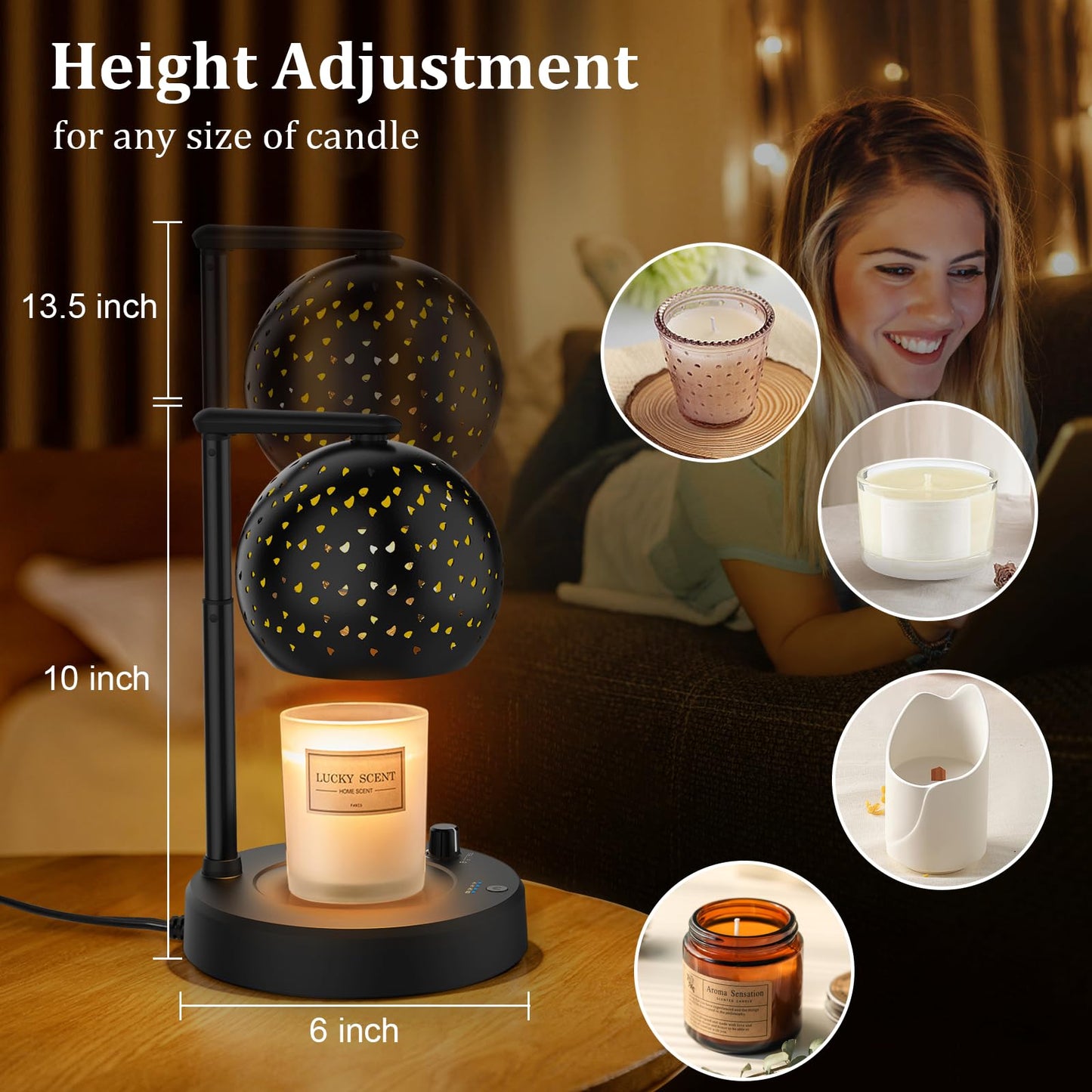 Candle Warmer Lamp, Candle Lamp Warmer with Timer and Dimmer Adjustable Height, Gifts for Women Mom, Electric Wax Melt Warmer with 2 Bulbs for Scented Jar Candles, Housewarming Gifts New Home Decor