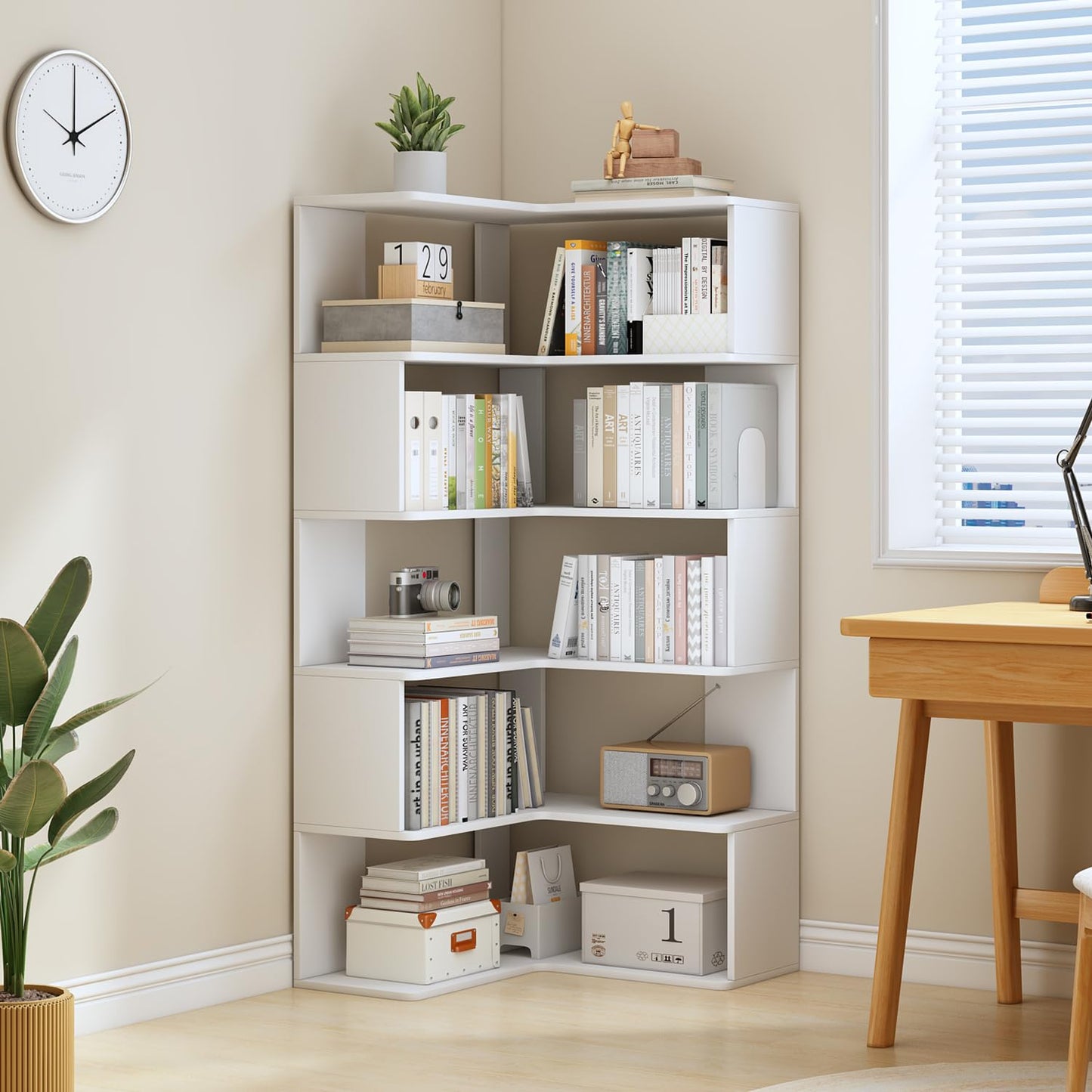 IOTXY 6-Tier L-Shaped Corner Bookshelf - 66" Tall Wooden Freestanding Bookcase with Open Shelf Units, White