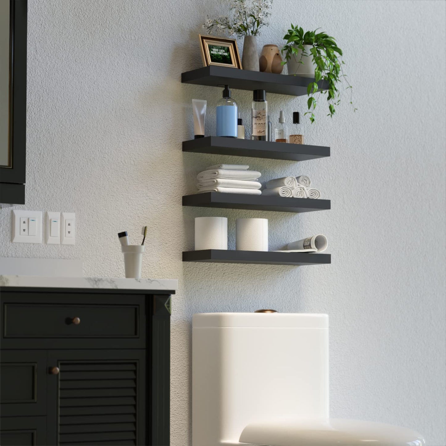 Boswillon Black Floating Shelves for Wall, 4 Sets Black Wall Shelves Wall Mounted, Black Display Shelves for Bedroom Wall Decor, Wall Storage Shelf for Bathroom, Kitchen, Living Room – Black