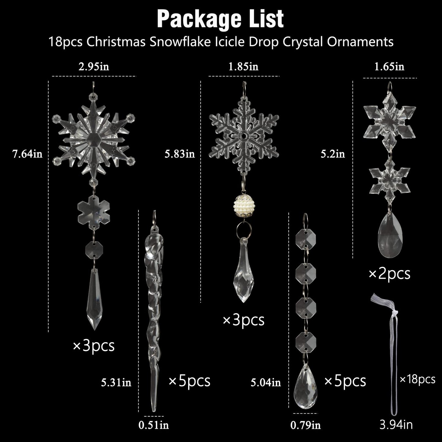 18pcs Christmas Tree Decoration Crystal Ornaments - Hanging Acrylic Christmas Snowflake Icicle Drop Crystal Ornaments for Christmas Tree Winter New Year Party Supplies