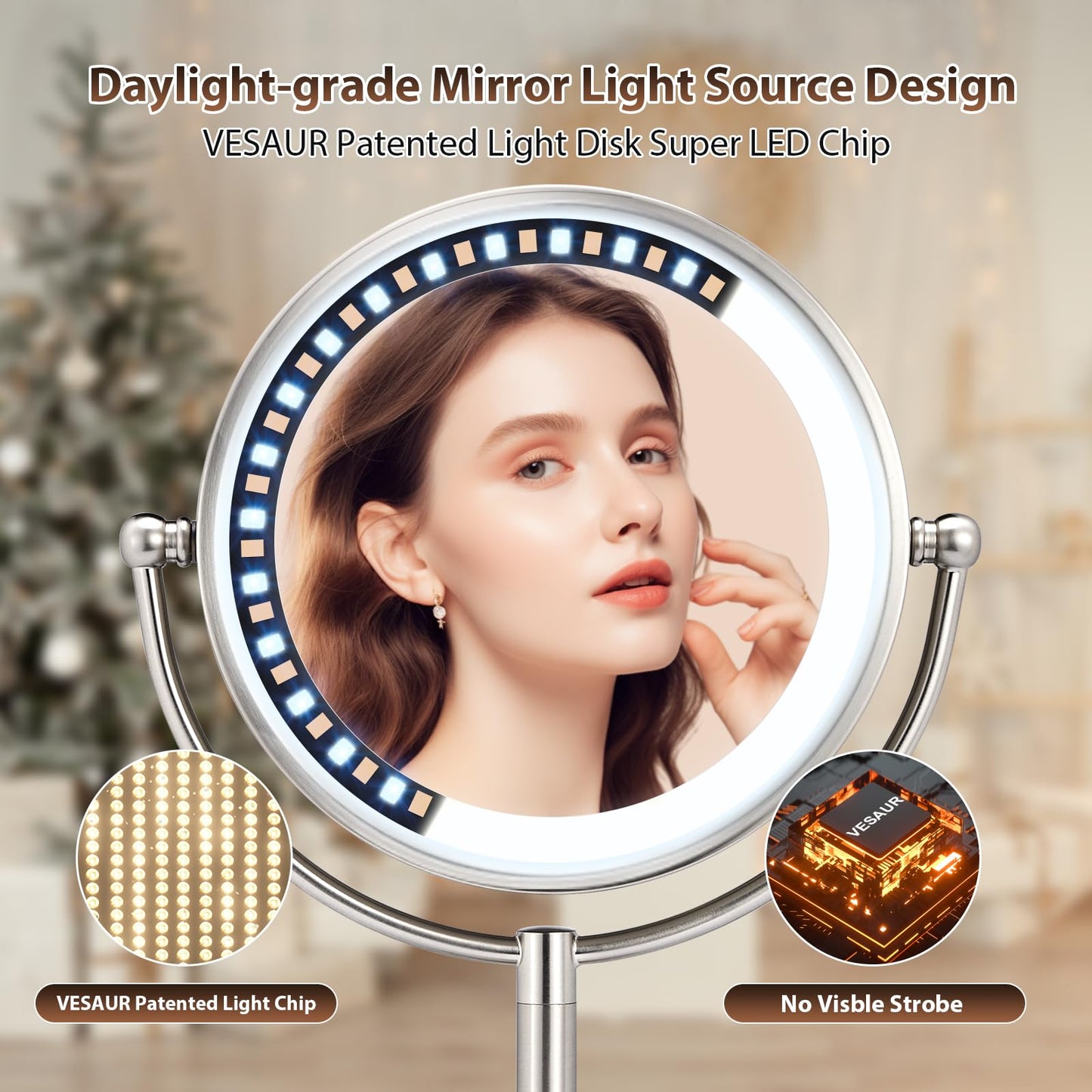 Professional 8.5" Large Lighted Makeup Mirror with Brighter Lights, 1X/10X True HD Magnifying Mirror with 3 Color Dimmable Lights, 80 Shadowless LEDs, 360°Swivel Seamless Vanity Mirror, Pearl Nickel