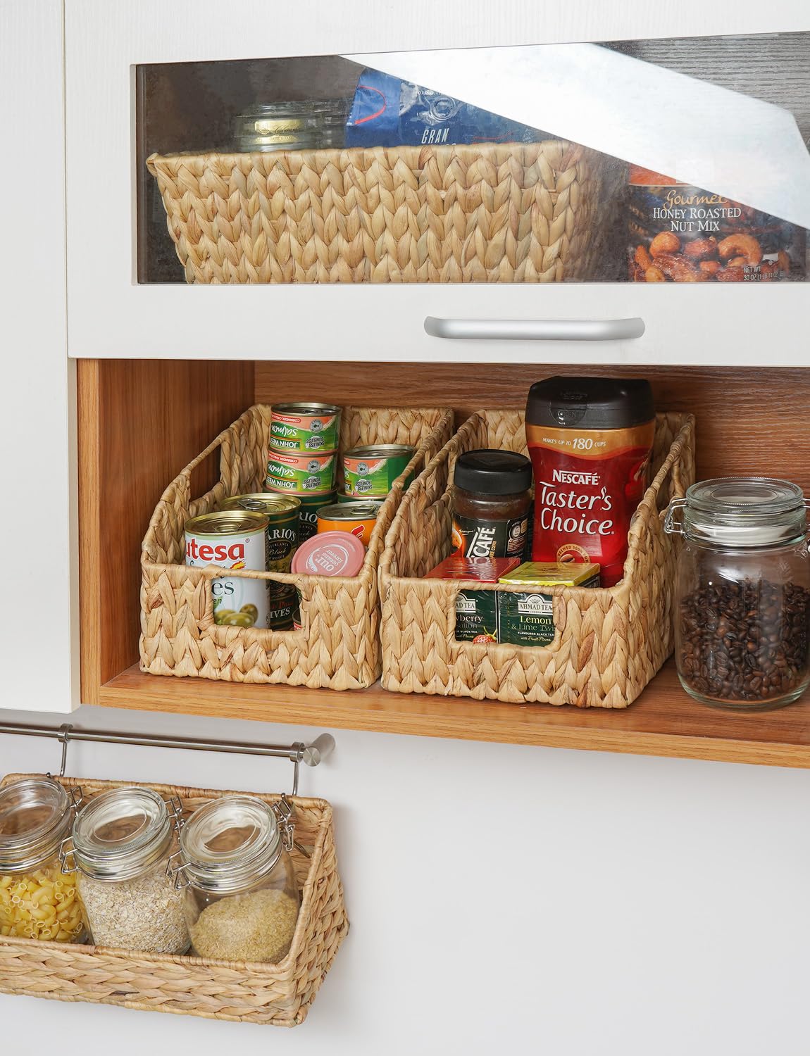 StorageWorks Pantry Baskets for Organizing, Wicker Baskets with Built-in Handles, Handwoven Wicker Storage Baskets, Water Hyacinth for Shelves, 2 Pack