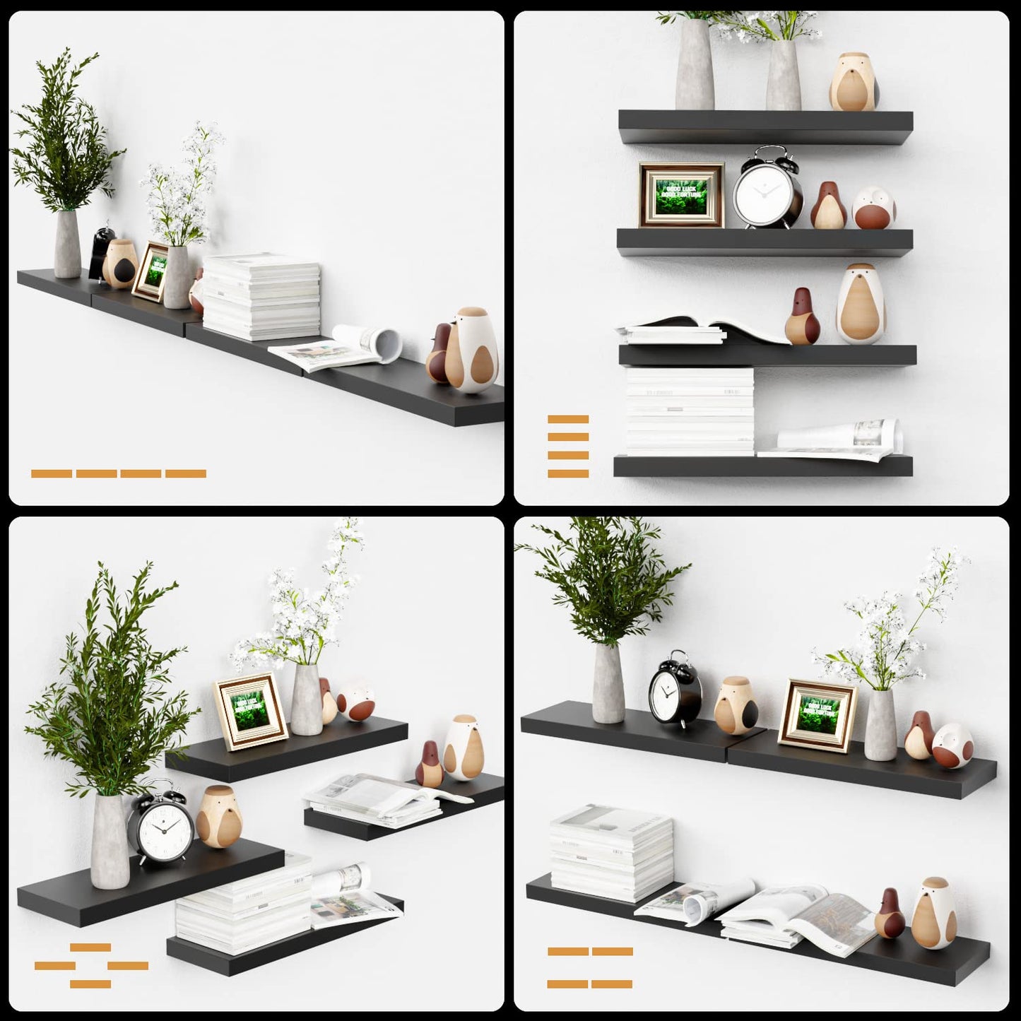 Boswillon Black Floating Shelves for Wall, 4 Sets Black Wall Shelves Wall Mounted, Black Display Shelves for Bedroom Wall Decor, Wall Storage Shelf for Bathroom, Kitchen, Living Room – Black