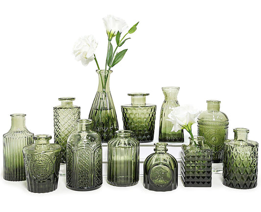 SUPMIND 12pcs Glass Bud Vase Set, Small Green Flower Vases for Centerpieces in Bulk, Mini Vintage Vase for Wedding, Home,Table Decoration