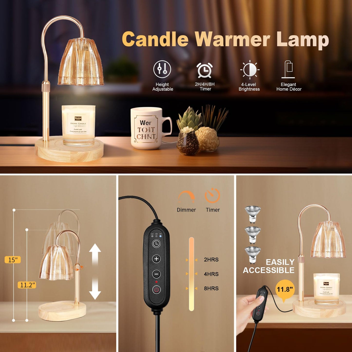 Honvinor Candle Warmer Lamp with Timer & Dimmer, Candle Warmer Height Adjustable, Fits All Jar Scented Candles, Candle Lamp with 3 Bulbs, Charming Gift Box with Ribbon for Gifting