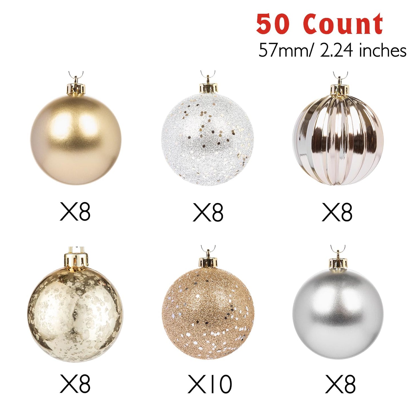 Every Day is Christmas Ornaments, Shatterproof Christmas Tree Ornament Set, Christmas Balls Decoration 50 Count (2.24"/57mm, Gold Silver)