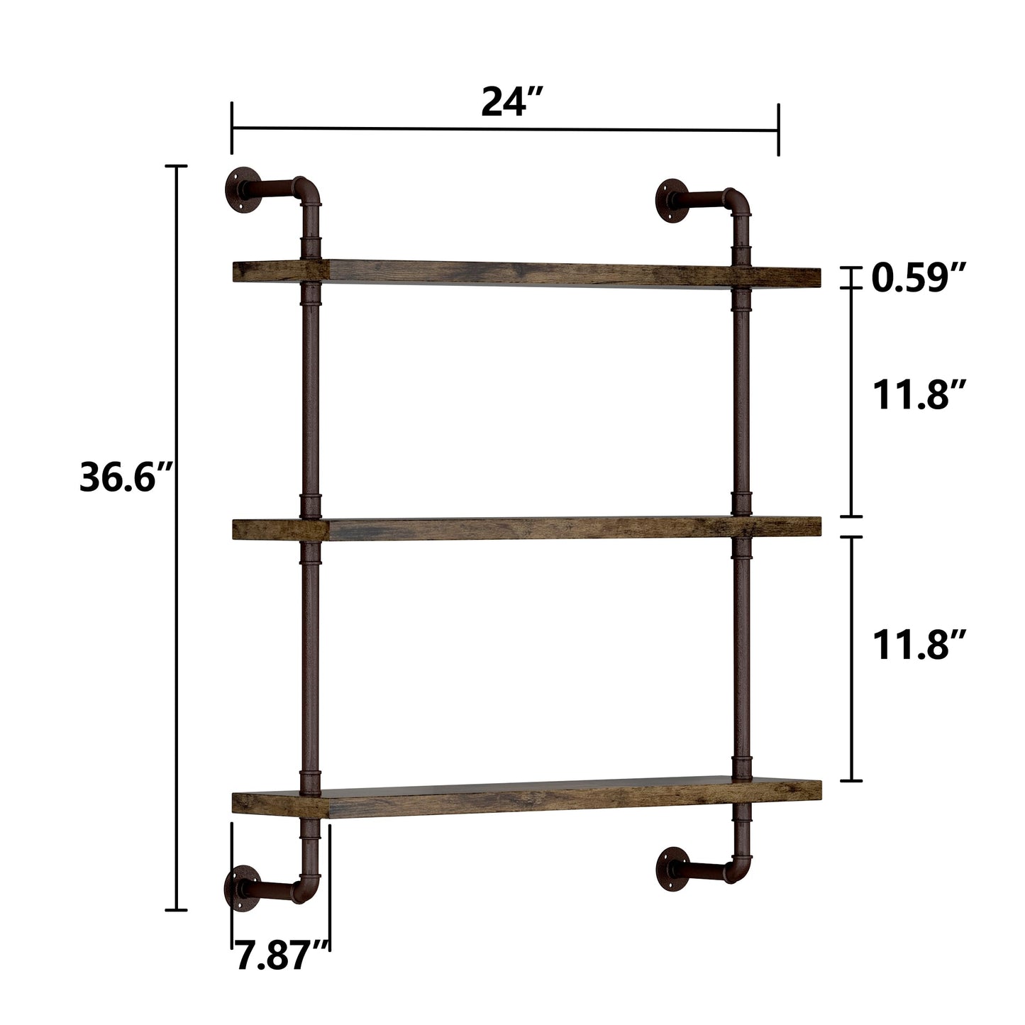 Helsin 3 Tier Industrial Pipe Shelf Rustic Wood Floating Shelves,Wall Display Bookshelf,Storage Rack Sundries Holder for Kitchen Office Bathroom Organization and Home Decor (24inch)