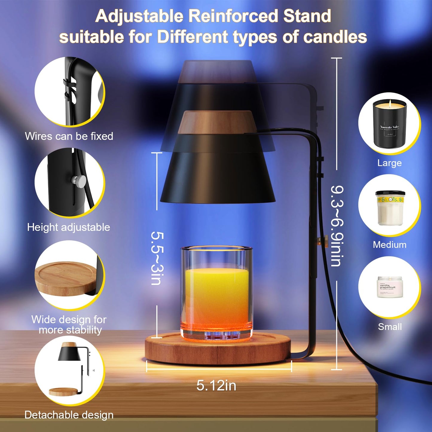 WOLDFY Candle Warmer Lamp with Timer, Stepless Dimmable Candle Lamp Warmer, Electric Candle Warmer Adjustable Height, Wax Warmer for Scented Wax with 2 Bulbs, for Festival&Home Decor (Black Mini)