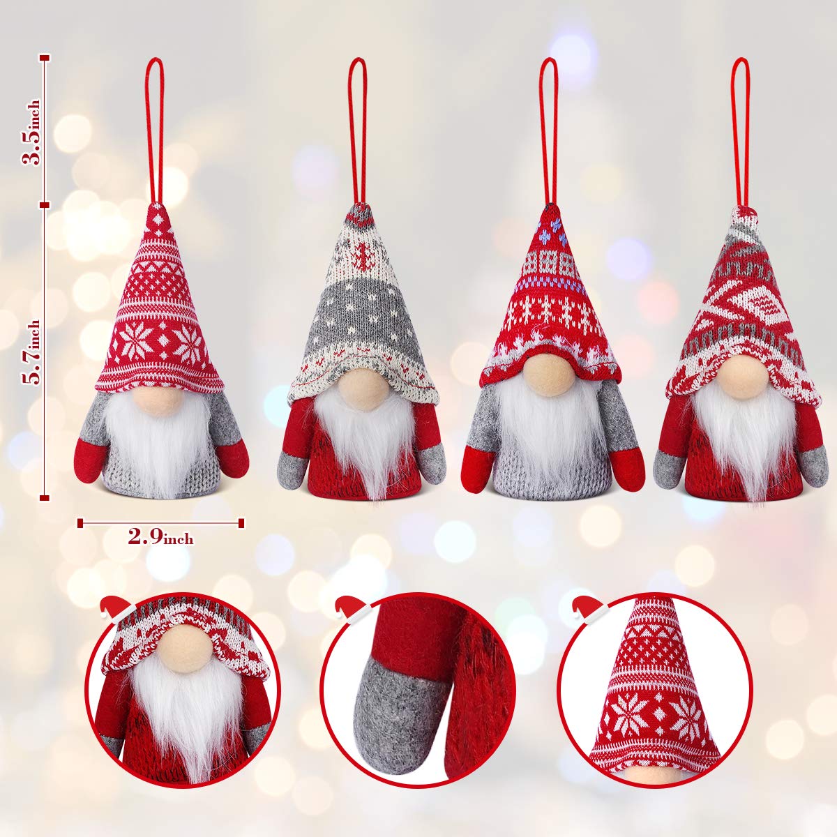 KMUYSL Christmas Gnome Ornaments, 4Pack Christmas Tree Decorations Handmade Swedish Santa Gnomes Ornaments Lights Scandinavian Plush Elf Table Home Decor, Christmas Tree Hanging Decoration