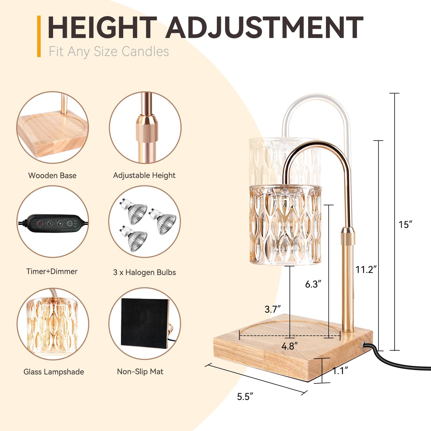 TOACSUCP Candle Warmer Lamp with 3 Bulbs, Adjustable Height Dimmable Candle Warmer with Timer, Compatible with Large Jar Candles, Candle Lamp with Charming Gift Box Ribbon for Her/Him(Natural Wood)