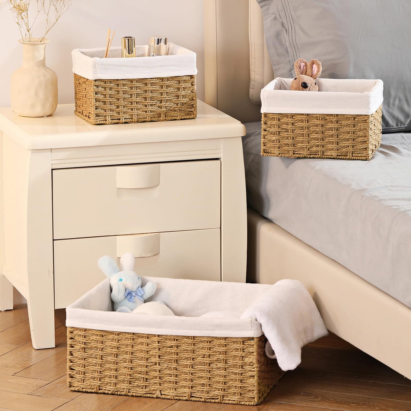 Vagusicc Wicker Storage Basket, 3-Pack Woven Paper Rope Wicker Baskets with Handles, Large Wicker Basket Cube Storage Bins with Liners, Storage Baskets for Organizing Shelves & Decor, Natural