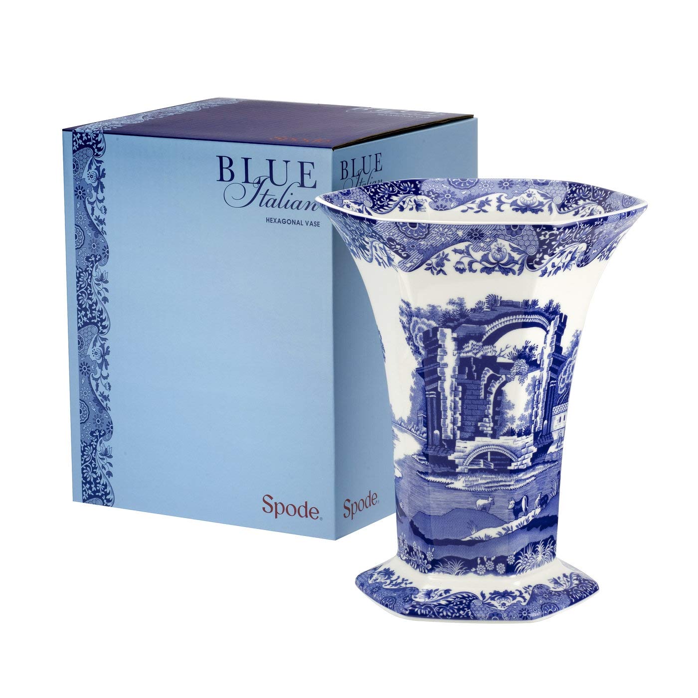 Spode Blue Italian Collection Hexagonal Vase | 10.5 Inch Tall | Table Centerpiece Dcor for Home, Living Room, and Mantel | Blue & White | Made of Porcelain