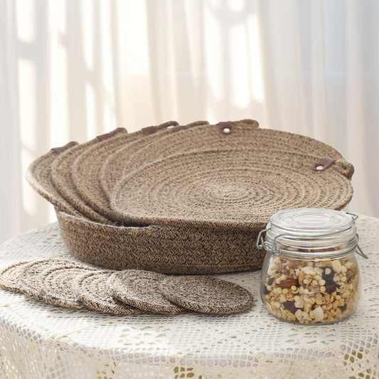 AHHFSMEI Round Woven Placemats Set of 6,13 inches Natural Cotton Jute Blend Farmhouse Hand-Woven Place Mats Braided Rattan Table Mats for Dining Table (Brown)