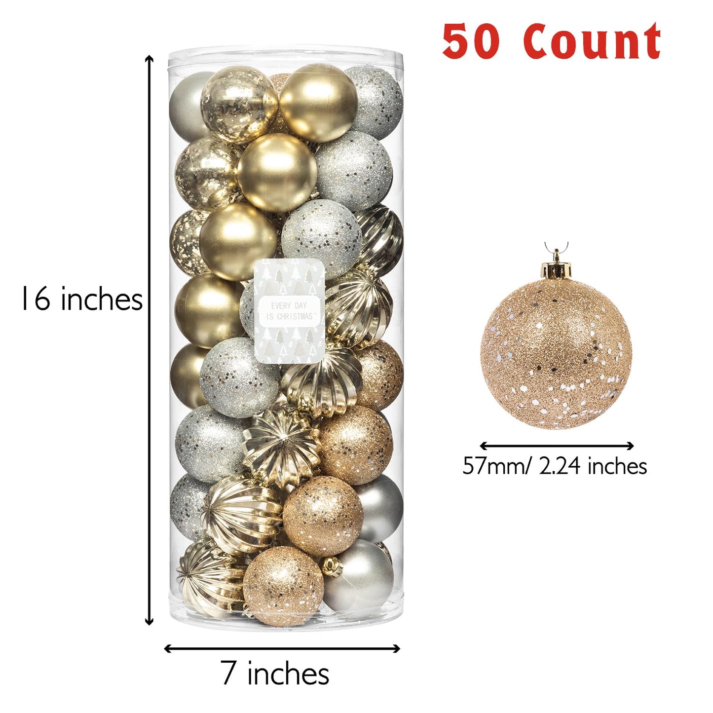 Every Day is Christmas Ornaments, Shatterproof Christmas Tree Ornament Set, Christmas Balls Decoration 50 Count (2.24"/57mm, Gold Silver)