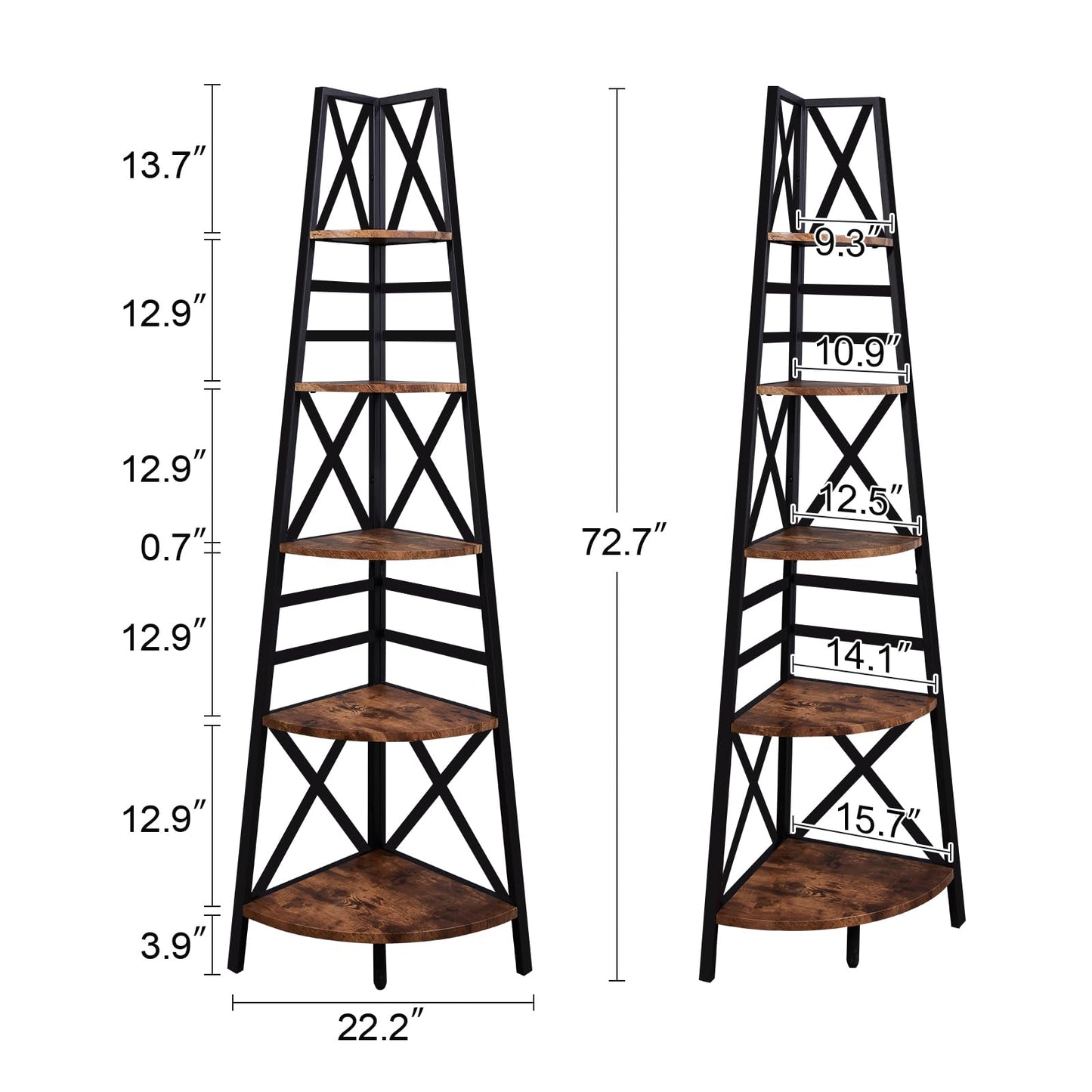 HOMBAZAAR Corner Shelf,72 Inch Industrial Corner Bookshelf,5 Tier Tall Corner Ladder Shelf with Metal Frames,Rustic Corner Shelf Stand for Living Room, Bedroom, Kitchen, Office, Rustic Brown