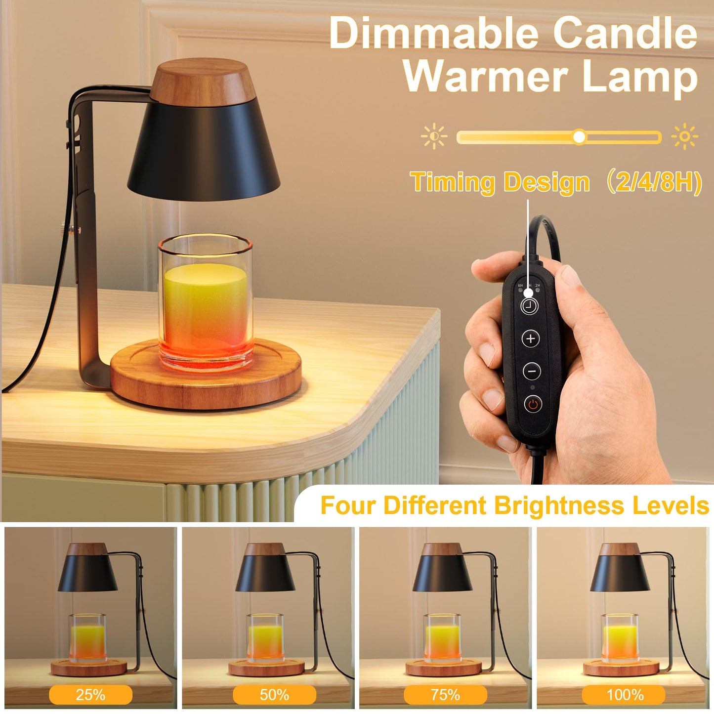 WOLDFY Candle Warmer Lamp with Timer, Stepless Dimmable Candle Lamp Warmer, Electric Candle Warmer Adjustable Height, Wax Warmer for Scented Wax with 2 Bulbs, for Festival&Home Decor (Black Mini)